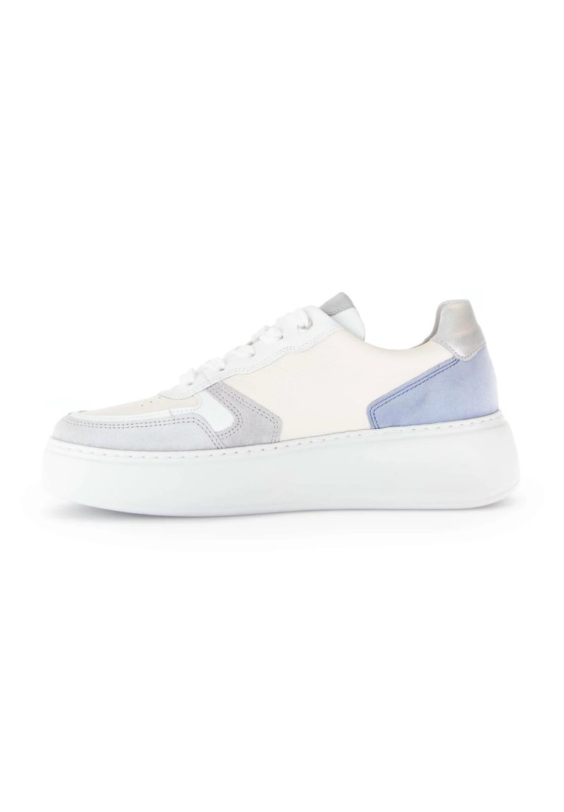 Sneakers met een bovenwerk van wit leer en grijze suède accenten, een lichtblauwe zijpaneel en een dikke witte rubberen zool.