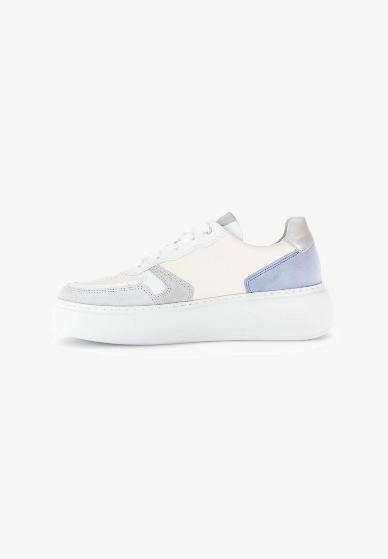 Sneakers met een bovenwerk van wit leer en grijze suède accenten, een lichtblauwe zijpaneel en een dikke witte rubberen zool.