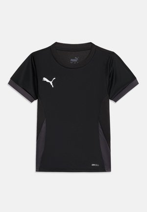 Maglietta sportiva nera Puma a maniche corte con pannelli laterali grigi, scollo rotondo, logo Puma bianco sul petto e scritta "Drycell" vicino all’orlo.