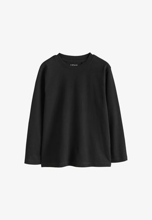 Schlichtes schwarzes Langarmshirt mit Rundhalsausschnitt und geradem Saum, vor weißem Hintergrund dargestellt.