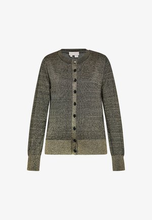 Cardigan tricoté en dégradé de gris avec des reflets. Présente un col rond, des manches longues, une fermeture à boutons et un ourlet côtelé. Boutons noirs.