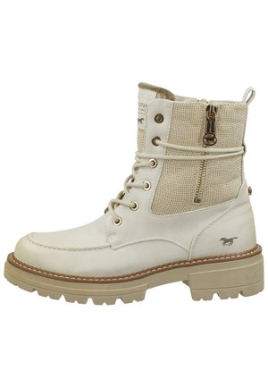 Bottine blanche en simili cuir avec des panneaux en mesh beige, bout arrondi, laçage sur le devant, fermeture éclair sur le côté et une semelle en caoutchouc texturée avec un talon surélevé.