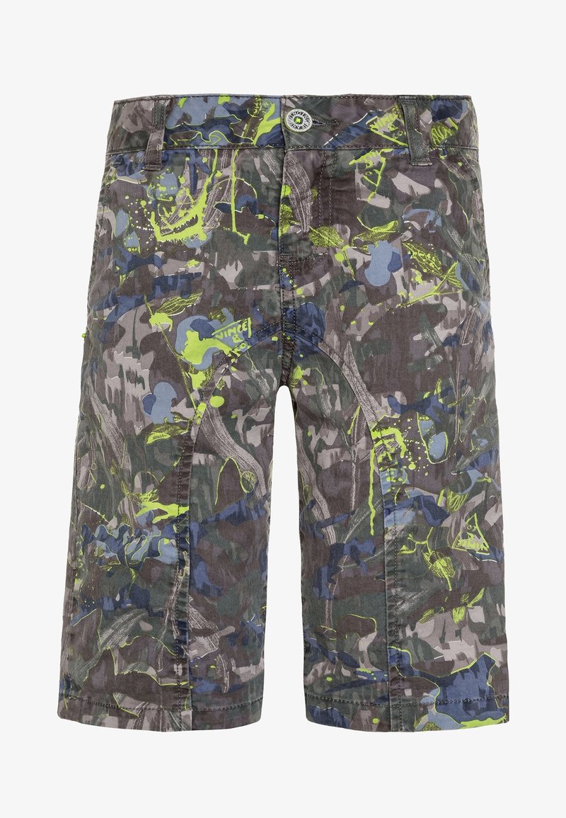 Shorts à motif camouflage dans des nuances de gris, bleu et vert avec des accents abstraits jaune néon, passants pour ceinture et fermeture par bouton à l'avant.