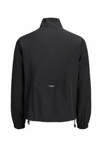 Veste noire à manches longues avec col haut, poignets élastiques, trous de ventilation sur les côtés et les bras, et une poche zippée au bas du dos.