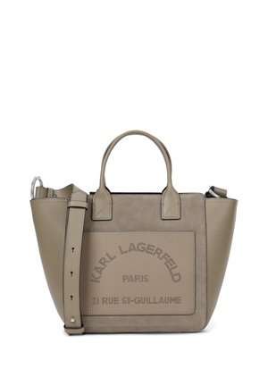 Taupefarvet Karl Lagerfeld tote-taske med dobbelte top-håndtag, justerbar skulderrem og frontlomme prydet med branddetaljer.
