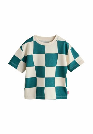 Cotton t-shirt featuring a checkerboard pattern in teal and cream, short sleeves, a round neck, and a small label on the side.