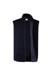 Granatowa kamizelka bez rękawów z wysokim kołnierzem, z teksturowanym materiałem z przodu i gładką podszewką. Jedna widoczna kieszeń na zamek.