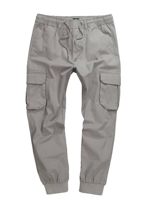 Pantalones cargo de algodón en gris claro, con una cinturilla elástica y cordón, puños acanalados y múltiples bolsillos laterales.