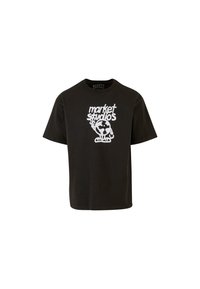 Sort bomulds T-shirt med korte ærmer, prydet med hvid grafisk tekst og et globusdesign. Klassisk rund hals og afslappet pasform.