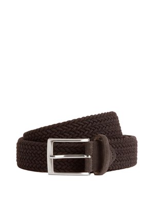 Woven brown belt made of textured fabric, featuring a silver rectangular buckle and a soft suede accent near the buckle for a secure fit.