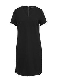 Black short-sleeve dress with a V-neckline and a back zipper, made from textured fabric. Features side slits for ease of movement.
