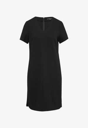 Zwart kort jurkje met v-hals en een rits aan de achterkant, gemaakt van een textuurstof. Kenmerkt zich door zijsplitsen voor gemakkelijke beweging.