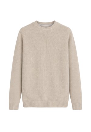Maglione beige a maniche lunghe in maglia con scollo tondo, polsini e orlo a coste, mostrato disteso su uno sfondo bianco.