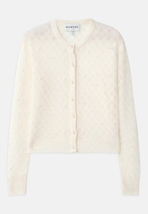 Ivory knitted cardigan featuring a round neckline, front button closure, and scattered faux pearls for embellishment. Textured lace pattern throughout.