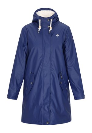 Tumši zila lietusmētne, izgatavota no ūdensnecaurlaidīga materiāla, ar kapuci, mākslīgās kažokādas oderi, divām priekšējām kabatām un sudraba tonētiem akcentiem.