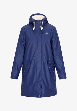 Tumesinine vihmamantel, mis on valmistatud veekindlast materjalist, kapuutsiga, faux fliisikattega, kahe eesmisel taskuga ja hõbedase tooni tarvikute aktsentidega.