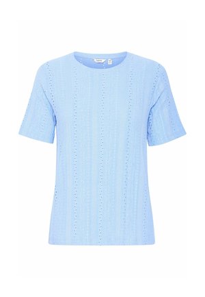 Hellblaues kurzärmeliges Oberteil aus strukturiertem Strick mit vertikalen Streifen und dekorativen Löchern. Rundhalsausschnitt; lockere Passform.