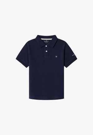 Mørk marineblå polo lavet af bomuld med to-knaps lukning, korte ærmer og et lille broderet logo på brystet og ærmet.
