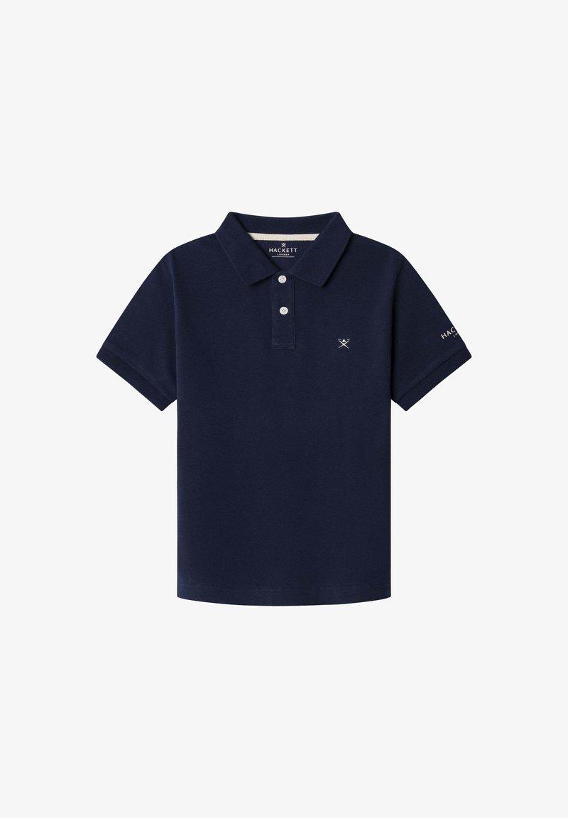 Tamnoplava polo majica od pamuka, s dvije dugmad na prednjoj strani, kratkim rukavima i malim izvezenim logotipom na prsima i rukavu.