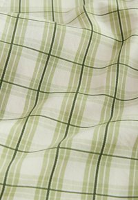 Tissu à carreaux vert clair et blanc avec de fines lignes vert foncé, montré en gros plan avec des plis doux et une texture visible.