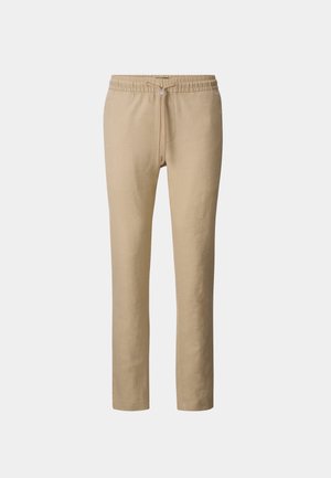 Beige linbukser med elastisk liv og justerbar snøring. Rett ben-design uten synlige mønstre eller aksenter.