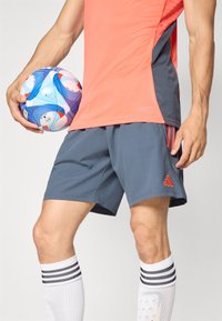 Lys koralfarvet atletiktrøje med grå detaljer, parret med mørkegrå shorts. Hvide sokker med sorte striber. En multifarvet fodbold bliver holdt.
