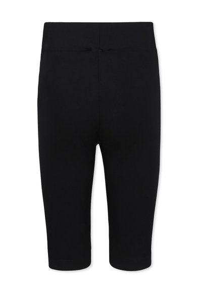 Leggings neri con una texture liscia, design fino al ginocchio e una vita elastica. Semplici, senza motivi o dettagli aggiuntivi.