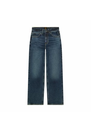 Dark blue denim wide-leg jeans with a high waist, featuring two front pockets, subtle fading, and classic five-pocket design.