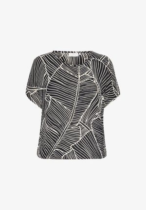 Top nero a maniche corte con un motivo a foglia bianca, collo rotondo e vestibilità rilassata. Realizzato in tessuto leggero con una finitura texture.