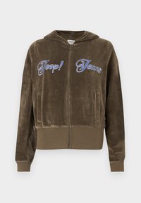 Camisola com capuz em veludo castanho, com fecho éclair, bolsos frontais, punhos e bainha canelados, e texto bordado azul "Joop! Jeans" no peito.