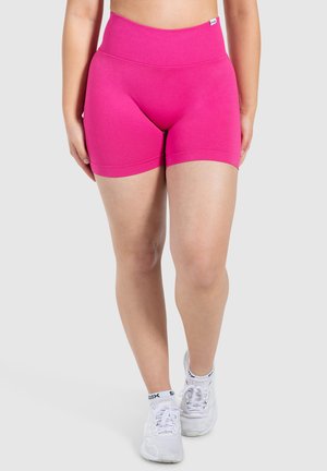 Fitte, hoge taille shorts in felle roze, gemaakt van rekbare stof, met een gladde textuur en een geribde tailleband voor extra comfort.