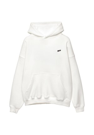 Weißer Hoodie aus Baumwollmischgewebe, mit einer Kängurutasche, Kapuze mit Kordelzug und kleinem schwarzem Logo auf der Brust.