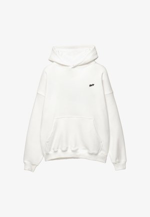 Hvid hættegård lavet af blandingsstof, med en kængurulomme, snørehætte og lille sort logo på brystet.