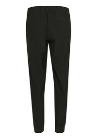 Svarta joggerbyxor i mjukt tyg, med elastisk midja, två bakfickor och smalnade anklar.