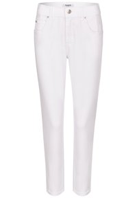 White jeans with a slim fit, made from denim. Features a button and zipper closure, five pockets, and minimal stitching detail.