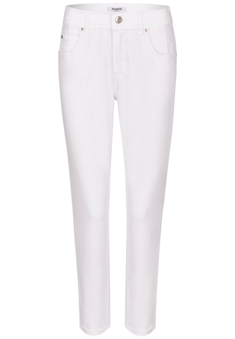 White jeans with a slim fit, made from denim. Features a button and zipper closure, five pockets, and minimal stitching detail.