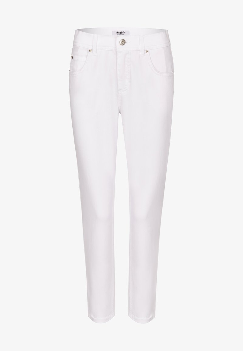 White jeans with a slim fit, made from denim. Features a button and zipper closure, five pockets, and minimal stitching detail.