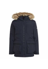 Granatowa parka z futrzanym kapturem, zamek błyskawiczny z przodu, dwie duże kieszenie z przodu oraz mała kieszeń na zamek na piersi. Gładka tekstura materiału.