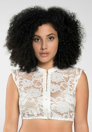 Weißes Spitzen-Croptop mit floralem Muster, kleinen Knopfverschluss und kurzen Ärmeln. Strukturierte Spitze mit taillierter Passform.