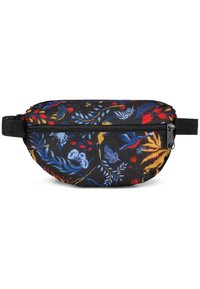 Marsupio nero con motivi floreali e fogliari colorati. Presenta una cerniera frontale e una tracolla regolabile. Realizzato in tessuto resistente.