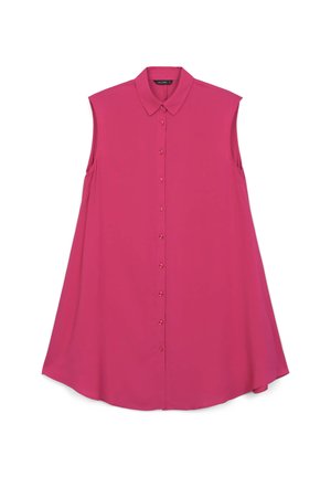Chemise sans manches à boutons de couleur rose vif, avec un col pointu, une coupe ample et un tissu lisse avec un léger éclat.