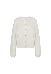 Crème-kleurige cardigan met een ribbelstructuur, voorzien van een ronde halslijn en hartvormige gouden knopen aan de voorkant. Lange mouwen.