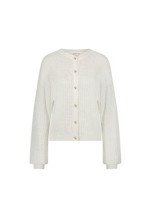 Cream-colored cardigan with a ribbed texture, featuring a round neckline and heart-shaped golden buttons down the front. Long sleeves.