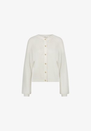 Cremefarbener Cardigan mit gerippter Textur, rundem Halsausschnitt und herzförmigen goldenen Knöpfen auf der Vorderseite. Lange Ärmel.