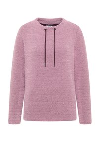 Jasnoróżowy sweter z okrągłym dekoltem, charakteryzujący się teksturowanym wzorem, długimi rękawami oraz brązowym sznurkiem w okolicach szyi.