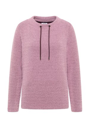 Jasnoróżowy sweter z okrągłym dekoltem, charakteryzujący się teksturowanym wzorem, długimi rękawami oraz brązowym sznurkiem w okolicach szyi.