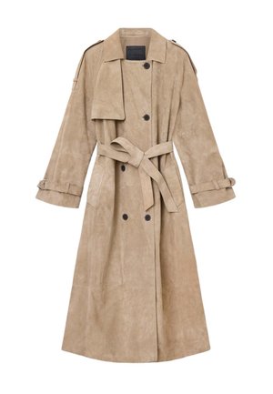 Trench-coat en daim beige avec une taille ceinturée, des manches longues, une fermeture à boutons et un grand col. Comprend des épaulettes et des poches latérales.