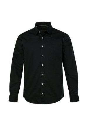 Black long-sleeve shirt made of smooth fabric with a button-down collar. Features front button placket and single chest pocket.