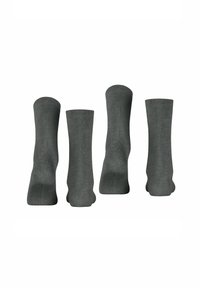 Grijze Knöchelsocken in verschiedenen Positionen, mit einer glatten Textur und einem gerippten Bündchen für einen sicheren Sitz. Das Material wirkt dehnbar und bequem.