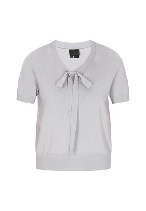 Trumpas rankovės, šviesiai pilkos spalvos megztinis su V formos iškirpte ir kaspinėlio detale priekyje, su siaurais elastiniais rankogaliais ir apatine juosta.